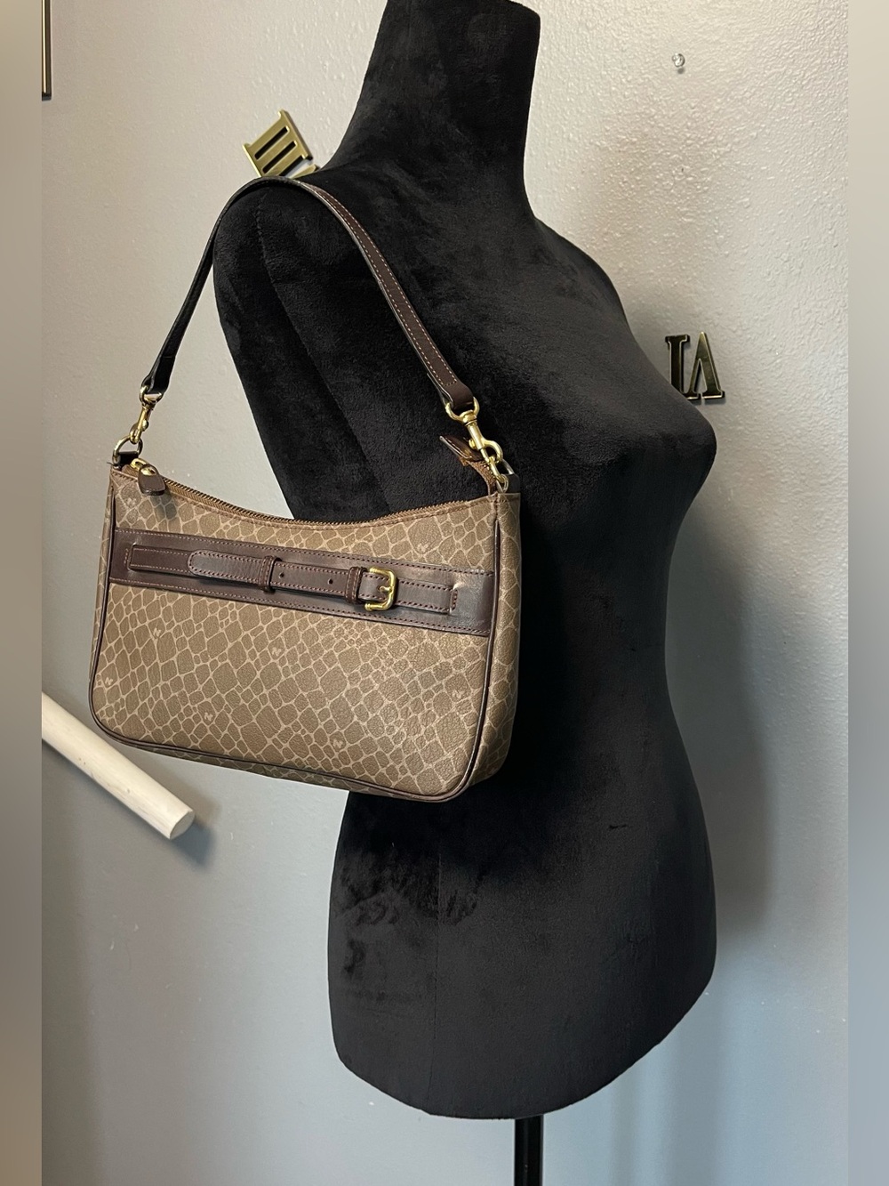 Vintage Nina Ricci Classic Brown Patterned Shoulder Bag with Leather Trim